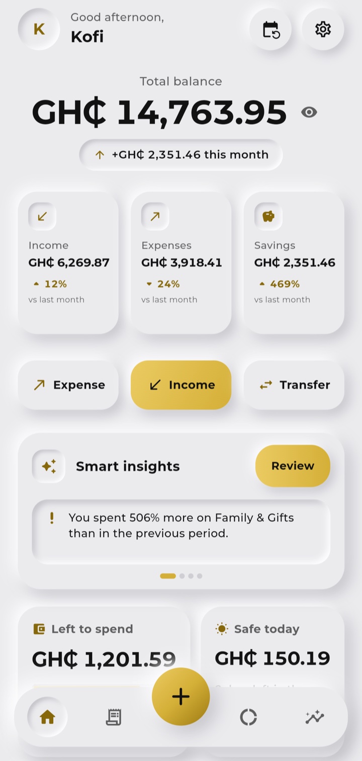 MoneyTrack home screen: balance, income, expenses and savings