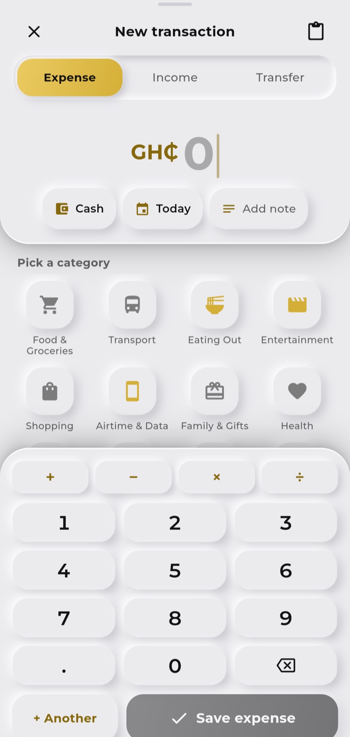 MoneyTrack quick add: amount, category picker and raised keypad