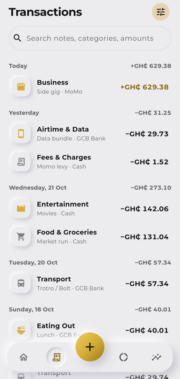 MoneyTrack transactions list grouped by day