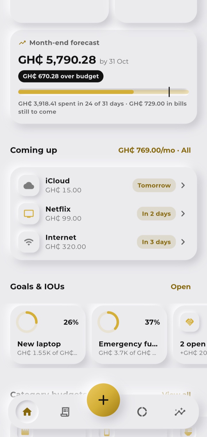 MoneyTrack upcoming bills, goals and IOUs